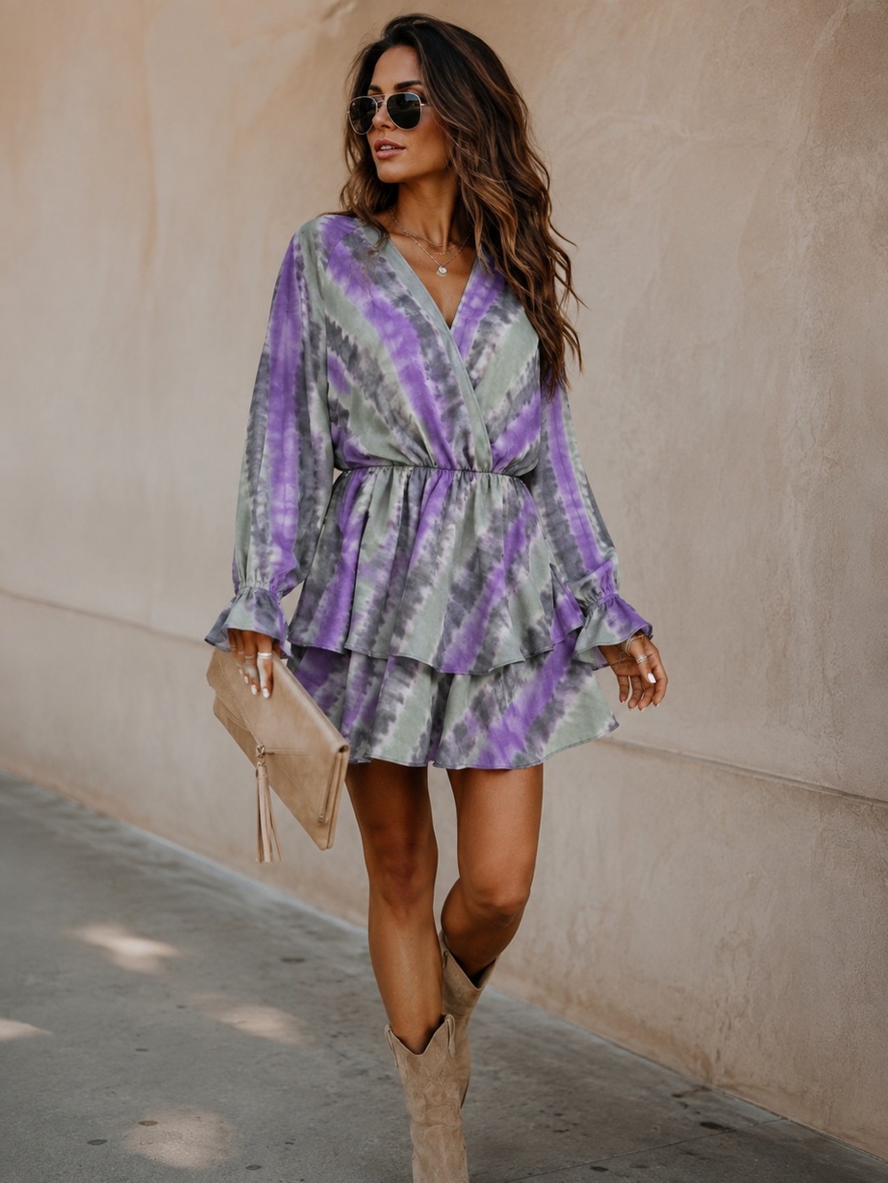 Umgee purple and gray tie-dye mini dress with ruffle sleeves, tiered skirt nwt